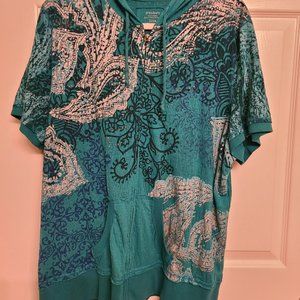 Dressbarn  Short Sleeve Zip-up Green & Silver Pattern Burnout Hoodie 22/24